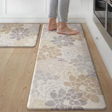 Imagem de GENIMO Tapetes de cozinha para chão, tapetes de cozinha, antiderrapantes, laváveis, conjuntos de 2, tapetes impermeáveis acolchoados, antifadiga, tapete floral para lavanderia, pia, escritório, casa