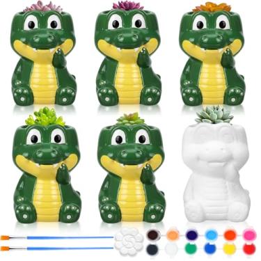 Imagem de Pasimy Conjunto de 6 vasos de cerâmica para pintar, faça você mesmo, vasos de suculentas, pinte seus próprios vasos de flores, kit de artesanato bisque sem pintura com paleta de pincéis, presentes de