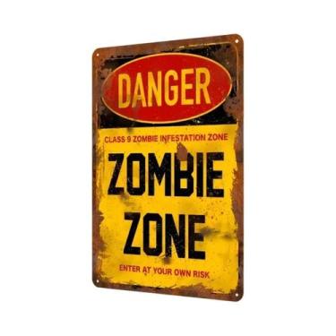 Imagem de Placa De Metal Rústica Com Sinal De Perigo Zona Zumbi Para Decoração D