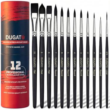 Imagem de Pincéis de aquarela profissionais, conjunto de pincéis artísticos DUGATO com 12 peças – Cerdas sintéticas (redondo, plano, forro, oval) para pintura de tintas guache em aquarela