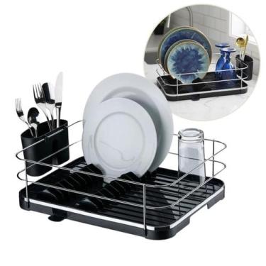 Imagem de Escorredor Secador De Louça Cozinha Porta Pratos Talheres Preto E Crom