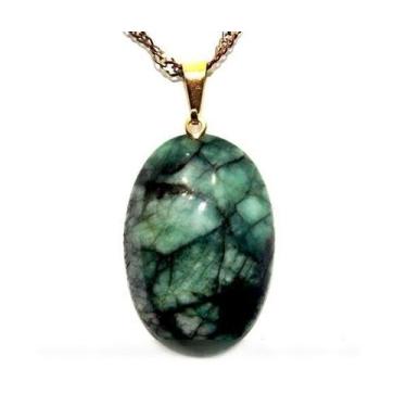 Imagem de Colar Cabochão Oval Xisto e Esmeralda Pino Dourado - CristaisdeCurvelo