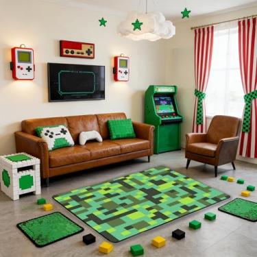 Imagem de Tapete de área infantil Pixel Grid Miners, tapete de entrada para meninas, meninos, gamepad, videogame, antiderrapante, verde ciano, decoração de sala de estar, 1,5 m x 1,82 m