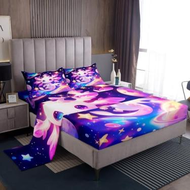 Imagem de Erosebridal Jogo de lençol Axolotl casal para crianças, meninos, meninas, galáxia, planeta, espaço, desenho animado, animal, roxo, sonhador, estrelado