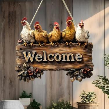 Imagem de Placa suspensa de boas-vindas de galinha fofa - decoração de entrada estilo fazenda, presente para amigos e amantes da casa rural/MP-08