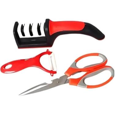 Imagem de Kit de Utensílios de Cozinha 3 em 1, Afiador de Facas e Tesoura