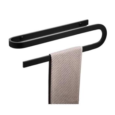 Imagem de KHUTRW3D Rack de armazenamento de chuveiro Toalheiro de banho, barra de toalha minimalista criativa, toalheiro de alumínio espacial, sem perfuração, suporte de toalha de parede para chuveiro (preto)