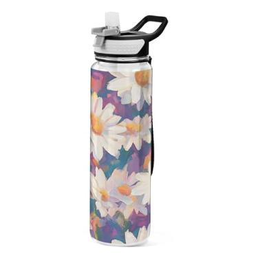 Imagem de xigua White Daisies Garrafa de água com tampa de palha, garrafas de água transparentes à prova de vazamentos para esportes ao ar livre, beber fitness, treino, viagem, 940 ml