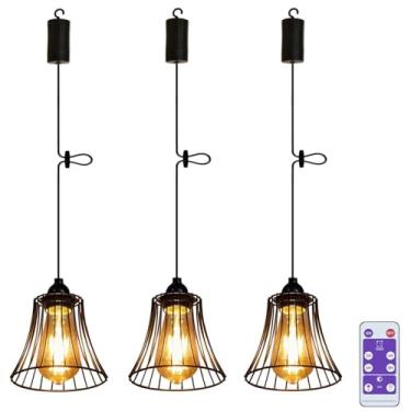 Imagem de YIKEGE LICHT Luminária pendente de lustre externo 3 x para gazebo operada por bateria Boho lâmpada suspensa com luzes decorativas remotas lanterna interna alimentada por 4 pilhas AA para decoração de