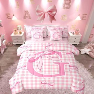 Imagem de Feelyou Jogo de cama de casal com laço rosa com laço quadriculado fofo, 7 peças, decoração de quarto, microfibra leve e macia