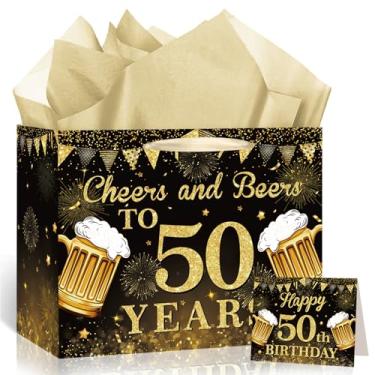 Imagem de Bolsa de presente de feliz aniversário de 50 anos Cheers and Beers to 50 Years Birthday Party Favors Gift Bag com cartão e papel de embrulho, sacos de embrulho de 50 anos para homens, artigos de festa