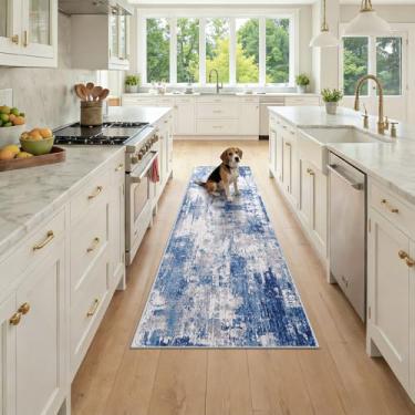 Imagem de RELEANY Tapetes laváveis 5 x 18 cm, modernos, abstratos, macios para sala de estar, entrada, quarto, berçário, padrão estampado, azul, cinza, azul marinho e cinza