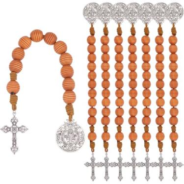 Imagem de SUPERFINDINGS 8 peças de contas de rosário de madeira com medalha de São Bento e bolso crucifixo rosários estilo aberto uma década para batismo de Páscoa, joia espiritual, presente