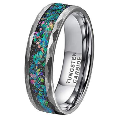 Imagem de TUTISS Anéis de tungstênio martelado prateado/preto de 6 mm, 8 mm, para homens e mulheres, casal, opala genuína, galáxia, incrustado, joias, alianças de casamento, noivado, acabamento fosco, ajuste