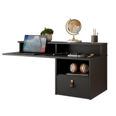 Imagem de Mesa Estudo Suspensa Escrivaninha Parede Home Office Notebook Gaveta Couro Escritório Quarto Móveis(PRETO FOSCO)