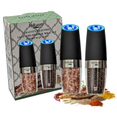 Imagem de InRaun Conjunto elétrico de moedor de sal e pimenta, moedores de pimenta e sal de aço inoxidável, grossura ajustável, alimentado por bateria com luz LED, operação automática com uma mão, preto (2Psc)