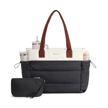 Imagem de LOVEVOOK Bolsa feminina acolchoada para viagem e trabalho com zíper para professora de enfermagem, bolsa acolchoada para laptop fofa para academia, Bege-preto-marrom, M-15.6 Inch, Casual