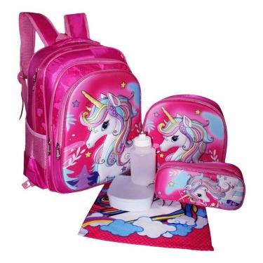 Imagem de Kit Mochila Unicórnio 3D Feminina Escolar Costas Lancheira