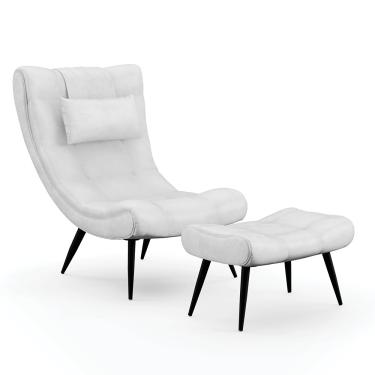 Imagem de Kit 01 Poltrona e 01 Puff Sher Corano Branco Pés Palito de Ferro - D'Rossi