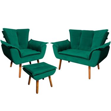Imagem de Conjunto Poltrona Puff e Namoradeira Pés Palito Charger Veludo Verde - Gran Belo