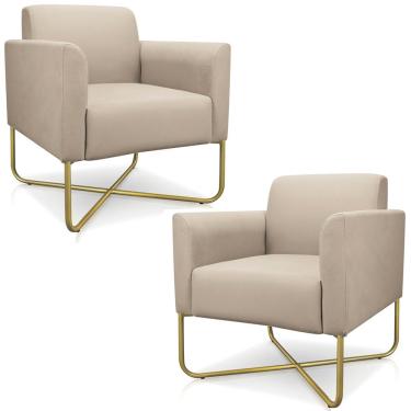 Imagem de Kit 2 Poltronas Decorativas Isabella Base X Suede Bege/Dourado - Gran Belo