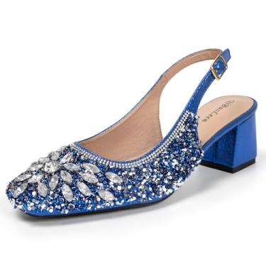 Imagem de qibusleen Sapato feminino elegante com glíter, bico quadrado fechado com strass, bico baixo, grosso, brilhante, elegante, tira no tornozelo, salto alto para mulheres, festa de casamento, formatura