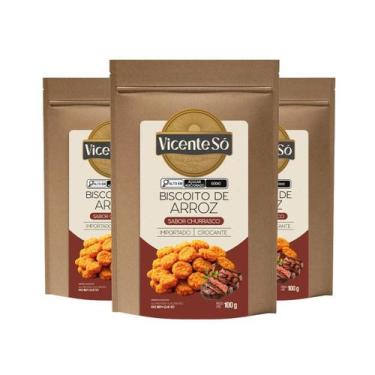 Imagem de Kit com 3 Biscoito de Arroz Crocante Sabor Churrasco Vicente Só 100g S