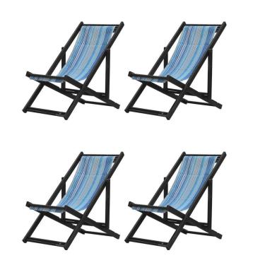 Imagem de Kit 4 Espreguiçadeiras Dobrável Black Sb-listras Azuis