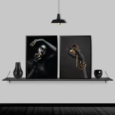 Imagem de Kit 2 Quadros Mulher Bijuterias Douradas 24X18 Vidro Preta - Quadros O