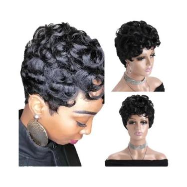 Imagem de Peruca Sintética Curta Cacheada Preta De 10 Polegadas Com Franja Para 