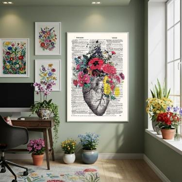Imagem de Quadro Decorativo Coração Humano Flores 70x50cm Mold Branca