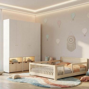 Imagem de Guarda-Roupa Modulado e Cama Casal Montessoriano Infantil Wave Casatema MadeiraOriginals Natural/Branco