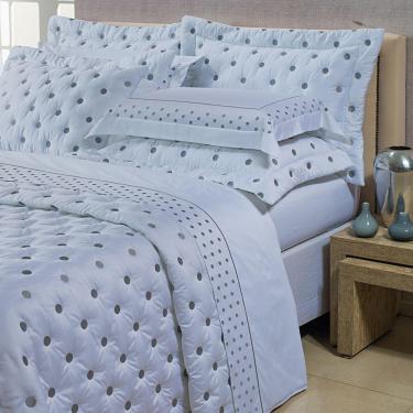 Imagem de Kit Cobre Leito Colcha Super King 100% Algodão 400 Fios Acetinado Bordado 5 Peças Branco E Cinza