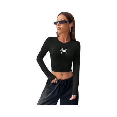 Imagem de Camiseta Cropped Feminina De Manga Longa Com Bordado De Padrão De Aran