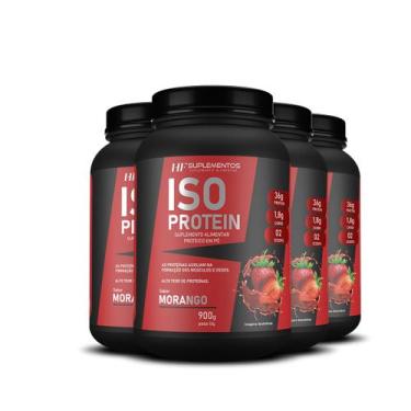 Imagem de 4x Whey Isolado Protein Morango 900g Hf Suplementos - HF SUPLEMENTS