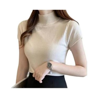 Imagem de Suéter Feminino De Tricô Gola Alta Slim Fit Manga Curta Estilo Coreano