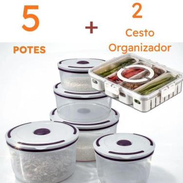 Imagem de Kit Cozinha Conjunto 5 Potes Herméticos de Plástico Com Tampa e 2 Cest