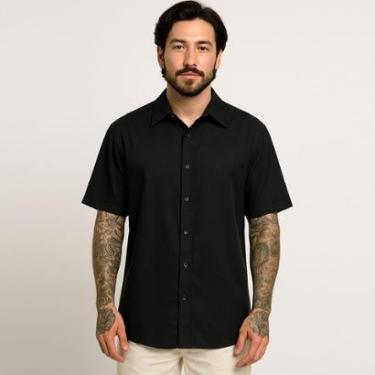 Imagem de Camisa Masculina De Botão Manga Curta Preta Viscose Social-Masculino