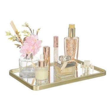 Imagem de Bandeja Decorativa Retangular Com Espelho Cosméticos Perfumes Taças Lu