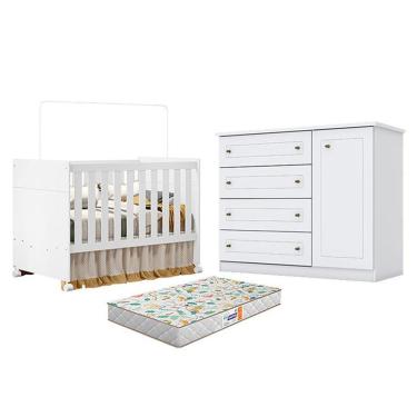 Imagem de Kit Berço Americano Katatau MDF Colchão Incluso Branco Acetinado Móveis Henn