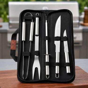 Imagem de Kit Churrasco 5 Peças Aço Inox Espátula Garfo e Pegador Resistente par