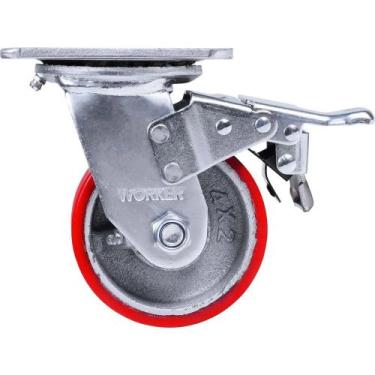 Imagem de Rodizio Ferro Freio Giratorio Com Poliuretano Vermelho 4" 361275 Worke