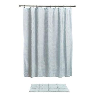 Imagem de InterDesign Cortina de chuveiro de tecido de trama waffle, estilo hotel luxuoso para mestre, convidados, banheiros infantis, banheiras, barracas, azul spa mesclado