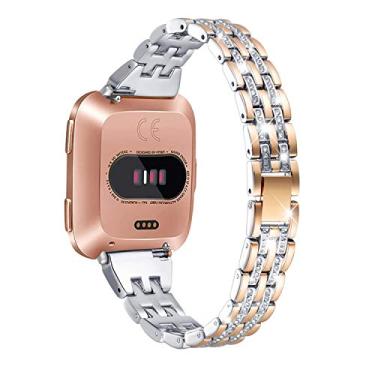 Imagem de Pulseiras de metal Mtozon compatíveis com Fitbit Versa 2/Versa Lite/Versa, pulseira de metal de reposição com strass cintilante para mulheres, ouro cobre com prata