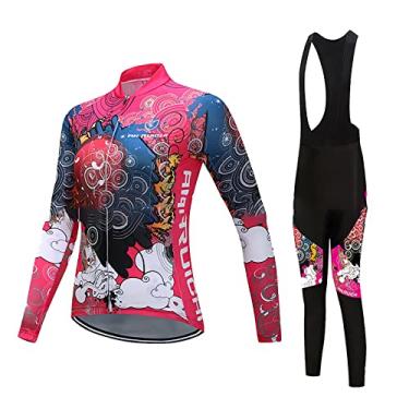Imagem de Conjunto de camisa de ciclismo inverno feminino manga longa 3D calças acolchoadas MTB desgaste de bicicleta térmico à prova de vento roupas esportivas, rosa, PP (peito: 74cm)