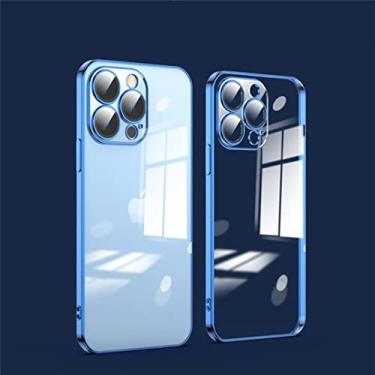 Imagem de MOESOE Capa compatível com iPhone 14, capa de cristal transparente com rede à prova de poeira + protetor de câmera de vidro, capa de telefone transparente com revestimento de TPU macio capa protetora anti-riscos - azul marinho
