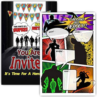 Imagem de 30 convites de festa de aniversário de super-herói com envelopes - dupla face - Convites de festa de super-herói estilo quadrinhos - Suprimentos de festa de super-herói