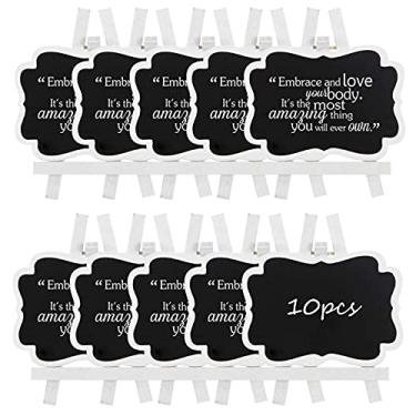 Imagem de Pacote com 10 mini placas de quadro-negro com suporte de cavalete ULENDIS, etiquetas de madeira pequenas de 9 x 7 cm, etiquetas de quadro-negro reutilizáveis para decoração de eventos, placas de casamento, mesas de cartões de festa (10)
