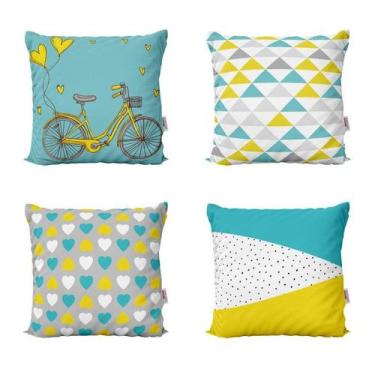 Imagem de Capas De Almofadas Amarelas E Azul Decorativas E Geometricas Para Sofá