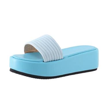 Imagem de Sandálias de piscina femininas chinelos femininos moda verão cor sólida dedo aberto inferior chinelos grossos, Azul claro, 7.5